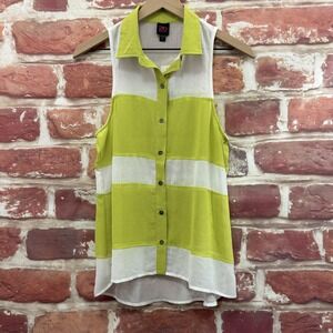 Bebe 2B Top Women's S Green White Color Block Striped Casual Sheer Chiffon Shirt